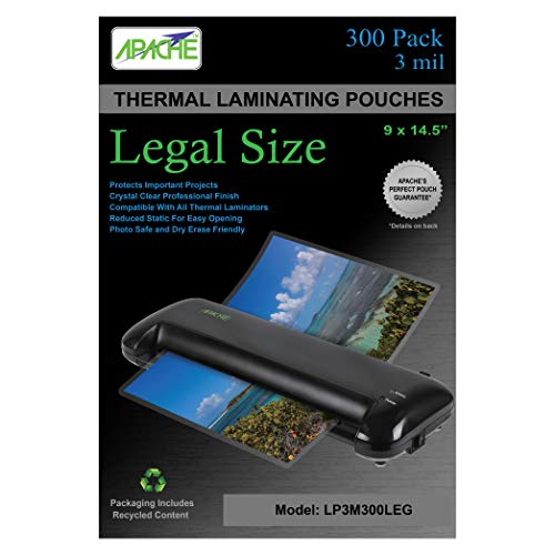 Apache Legal Size Laminating Sheets 8.5" x 14" (9x14.5"), 3 mil, 300 Pack - size: 300 Pack, style: Legal