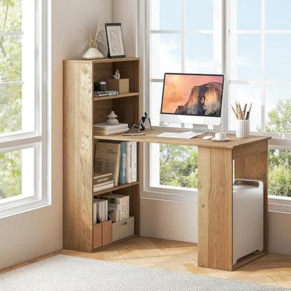 Tangkula Computer Desk with Bookshelf, Writing Study Desk with Storage Shelves & CPU Stand, Modern Compact Computer Workstation for Home & Office, Space-Saving Design(Natural) | Natural Wood Desk w/Storage Shelves & CPU Stand, Space-Saving Design Writing