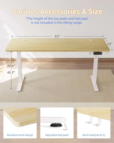 YIHAYO Electric Standing Desk, 63 x 24 Inches Stand Up Desk with Splice Board, Adjustable Height Desk, Computer Desk for Home Office, White Frame/Natural Top - color: White Frame/Natural Top, size: 63*24 Inch