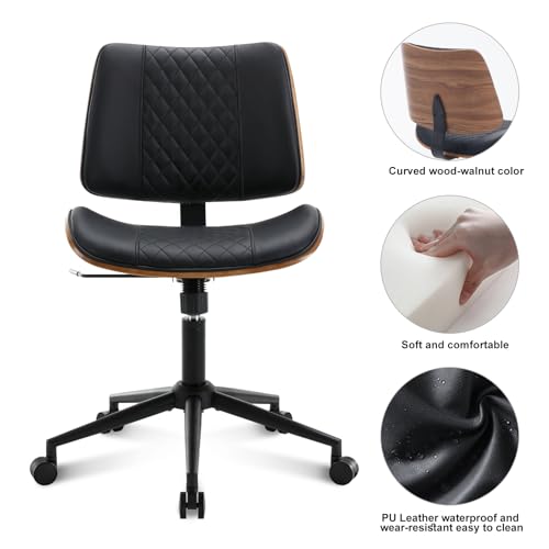 BV Small Desk Chair, Mid Century Office Chair with Bentwood Back, Armless Task Swivel Chair with Wheels, Mid Back No Arms, Faux Leather Office Chairs for Small Space, Black - color: Black, size: MCM Style