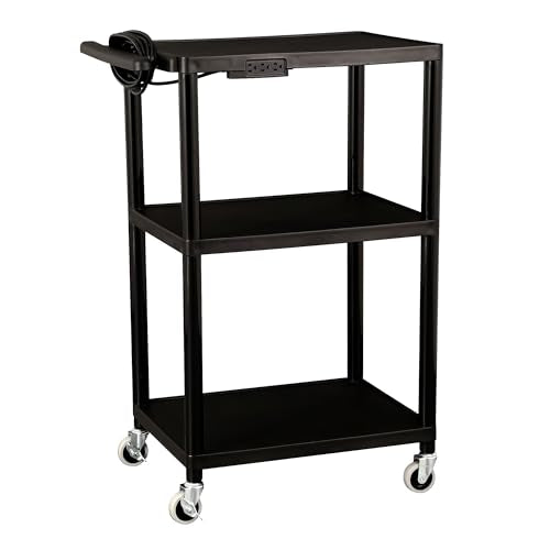 Norwood Commercial Furniture Mobile Utility AV Cart with Power Strip and Casters, Rolling Presentation and Media Cart on Wheels, Black