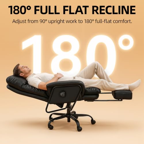 180° Reclining Office Chair with Footrest, PU Leather Desk Chair with 4-Position Backrest and Thick Cushion, Executive Computer Chair for Home Office, Work and Study,Black - color: Black