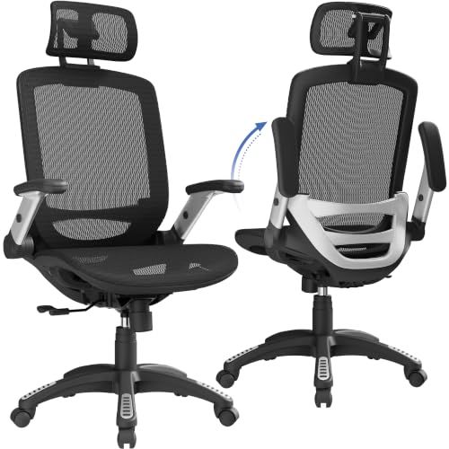 GABRYLLY Ergonomic Office Chair, High Back Home Desk Chair with Headrest, Flip-Up Arms, 90-120° Tilt Lock and Wide Cushion, Big and Tall Mesh Chairs for Man Woman, Black Task Chair - color: Black