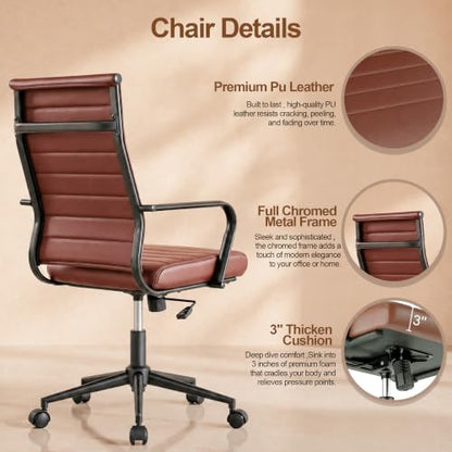 Okeysen Leather Office Desk Chair, Mid-Century Modern Leather Conference Room Chairs, Ergonomic Executive Ribbed Height Adjustable Swivel Rolling Chair for Home Office. - color: Reddish Brown