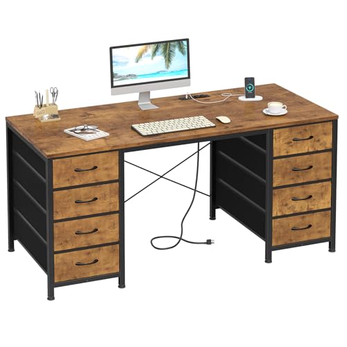 50 Inch Computer Desk with 8 Drawers for Home Office, Bedroom, Living Room | Home Office Desks with Power Outlets, Work Study Gaming Desk with 8 Fabric Drawers, Rustic Brown - color: Rustic Brown, size: 18.9"D x 50.4"W x 29.3"H