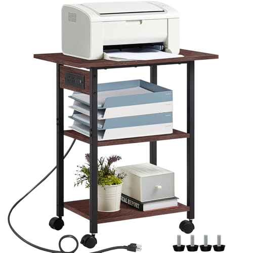 Lerliuo 3-Tier Printer Stand with Charging Station, Rolling Printer Table - color: Walnut, size: 3-Tier with Charger