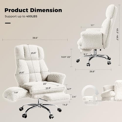 Big and Tall Office Chair, Flip Armrests for Pets & Cross Legged Sitting | Executive Ergonomic Computer Gaming Chair with Foot Rest, White Rose Velvet Wide Seat Reclining Desk Chair - color: White Rose Velvet