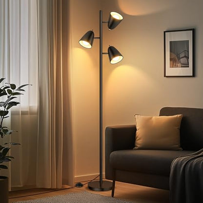 QiMH Tree Floor Lamp with 3 Light Bulbs, Standing Tall Pole Lamps for Living Room Bedroom Office, Reading Stand up Lamps with 3 Adjustable Arms, Black - color: Black