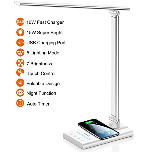 AFROG 5th Gen Multifunctional LED Desk Lamp with 10W Fast Wireless Charger, USB Charging Port,1800Lux Super Bright,5 Lighting Mode,7 Brightness, Touch Control, Auto Timer, 15W Office Table Lamp - color: White 5.0 Pro