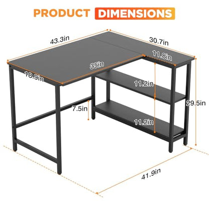 L Shaped Computer Desk, 43 Inch Corner Desk with Reversible Storage Shelves, Home Office Desk with Metal Frame, Modern Simple Style for Home Office, Living Room, Bedroom, Black - size: 43 inch