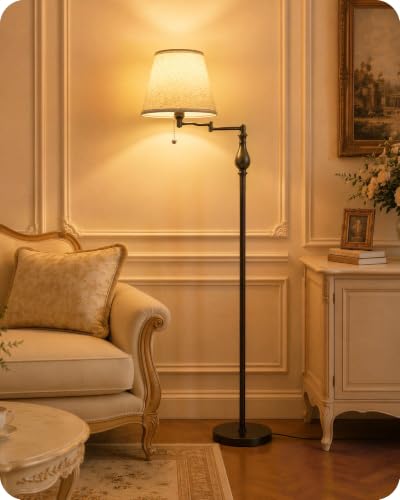 Vintage Floor Lamp with 350°Adjustable Swing Arm, 61” Mid-Century Modern Floor Lamp, Standing Pole Lamp with Pull Chain Switch, Antique Reading Lamp for Living Room, Bedroom, Office, Brown CE13LD05 - color: Brown