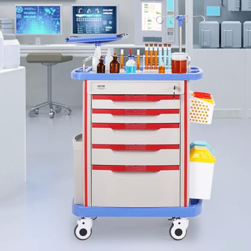 VEVOR Medical Crash Cart, Nursing Emergency Rolling Cart with 5 Drawers & 4 Silent Wheels, Adjust IV Pole, Needle Disposal Holder, Trash Bin, O2 Holder, Mobile Trolley for Hospital, Clinic, Lab, Salon - color: Grey + Blue