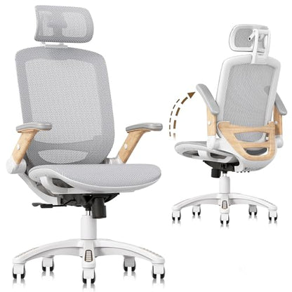 GABRYLLY Ergonomic Office Chair, High Back Home Desk Chair with Flip-Up Arms, Headrest, 90-120° Tilt and Wide Cushion, 300LBS White Mesh Chair for Work Gaming Study (GY01-NT, Woodgrain Pattern) - color: White Frame Moon Grey Mesh
