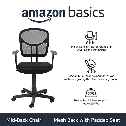 Amazon Basics Breathable Mesh Mid-Back Office Desk Chair with Armrests, Lumbar Support, 360-Degree Swivel, Adjustable-Height, Black
