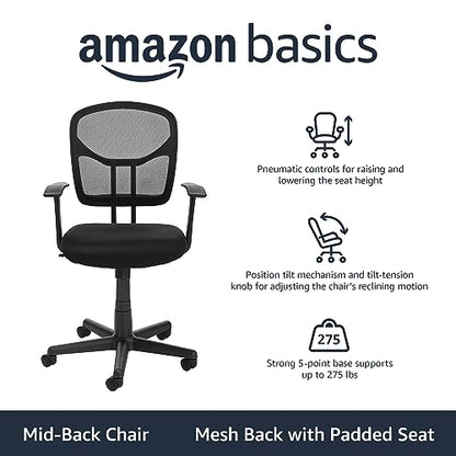 Amazon Basics Breathable Mesh Mid-Back Office Desk Chair with Armrests, Lumbar Support, 360-Degree Swivel, Adjustable-Height, Black