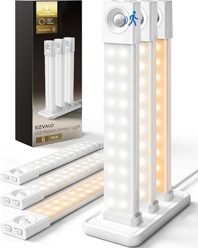 EZVALO 6 Pack 8 inch Under Cabinet Lighting with Charging Station, Rechargeable Motion Sensor Lights, Wireless Magnetic LED Closet Lights, 3 Color Temperatures, Dimmable for Kitchen, Pantry, Stair - size: 8inch