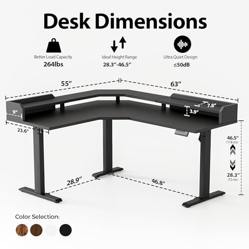 Agilestic 63 Inch L Shaped Electric Standing Desk with Shelf, Black - color: Black, size: 63x55 Inch Pro