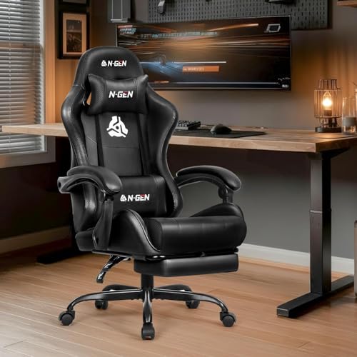 N-GEN GAMING Gaming Chair with Footrest, Lumbar, High-Back, Carbon Black | Reclining Backrest, Linkage Armrests, Durable PU Leather, Adjustable Comfort for Extended Computer, Desk, or Home Office Use - color: Carbon Black