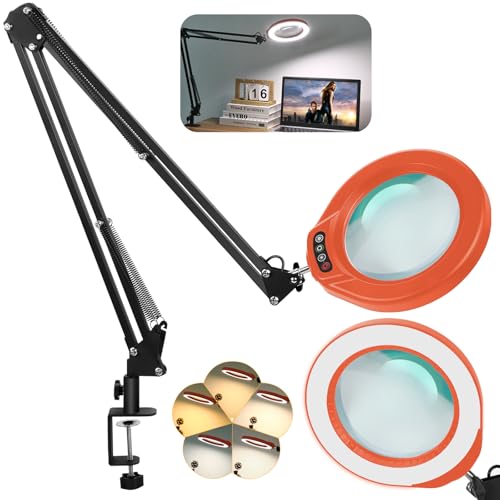 VEEMAGNI 5 Inch Large Real Glass Magnifying Glass with Light and Stand, 5 Color Modes Stepless Dimmable, 2*16 Inch Swivel Arm LED Clamp Desk Lamp, Hands Free 15X Lighted Magnifier for Crafting-Orange - color: Orange, size: 15X