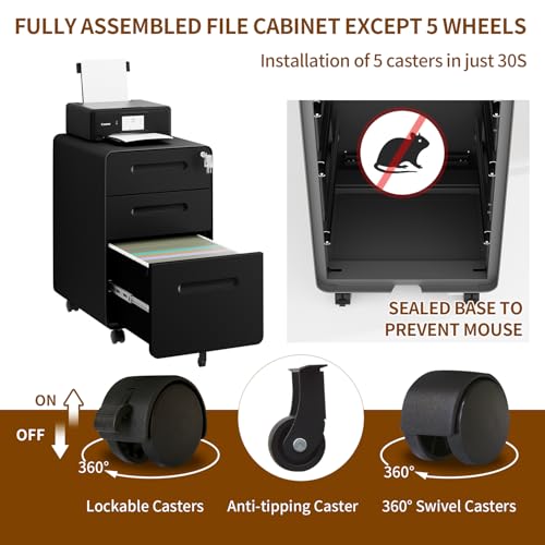 3 Drawer Mobile File Cabinet with Lock, 4 Keys and 25 Letter File Folders | Heavy-Duty Steel Rolling Filing Cabinet Pre-Assembled Under Desk for Home Office Letters/Legal/A4 Hanging File Folders - color: Black, size: 23.8"H*15.7"W-3 Drawers(25 letter fold