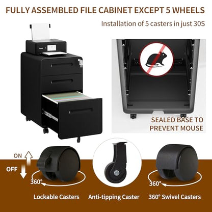 3 Drawer Mobile File Cabinet with Lock, 4 Keys and 25 Letter File Folders | Heavy-Duty Steel Rolling Filing Cabinet Pre-Assembled Under Desk for Home Office Letters/Legal/A4 Hanging File Folders - color: Black, size: 23.8"H*15.7"W-3 Drawers(25 letter fold