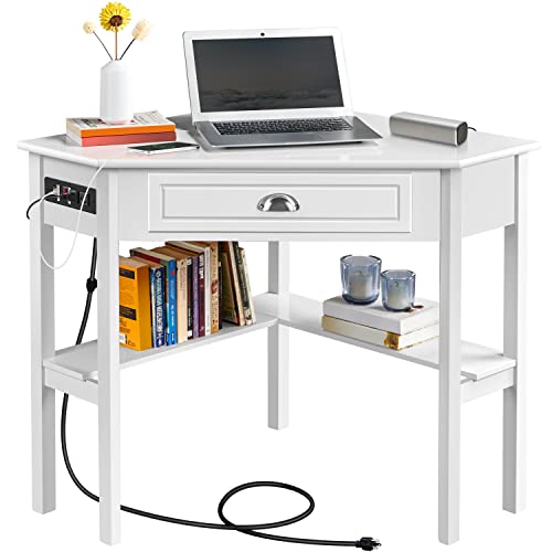 Topeakmart Computer Corner Desk Home Office Desk with Outlet for Small Space, L-Shaped Writing Table Workstation Space Saving Desk with Charging Station, Modern White Home Office Furniture with Drawer - color: White