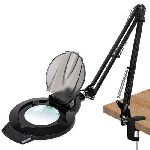 10X & 2200 Lumens Magnifying Glass with Light and Clamp, Black | 144 Flicker-free LED, Stepless Dimmable, 2×14.57" Adjustable Arm Lighted Magnifier Desk Lamp for Hobby Painting Sewing Repair - color: 10x Black