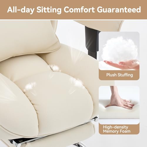 Efomao Executive Office Chair, Beige Fabric Big and Tall Desk Chair | Breathable fabric, pocket spring & foam seat, retractable footrest, 135° recline for computer gaming setup - color: 3084mus-beige