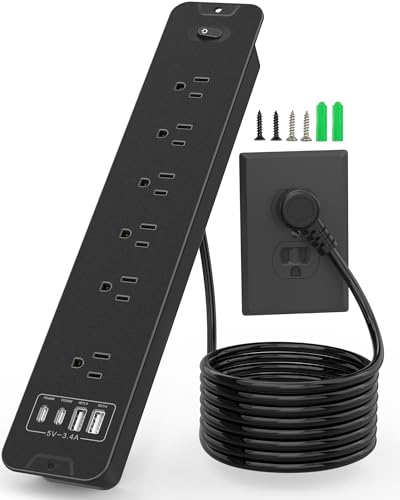 Recessed Power Strip, Flush Mount Power Strip with USB Ports, PD 20W USB C Fast Charging, 6 FT Extension Cord Surge Protector with1800J, Furniture Hidden Outlet for Side Table, End Table - color: Black