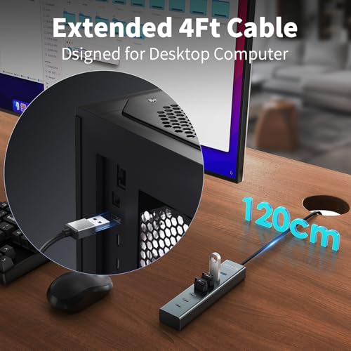 4Ft 7-Port USB Hub 3.0 for Desktop, 4 USB-A & 3 USB-C Ports Aluminium 5Gbps USB Extender Hub, USB Splitter, USB Hub Long Cable for Desktop, PC, Flash Drive, Mobile HDD SSD, Windows/XPS - size: 4FT