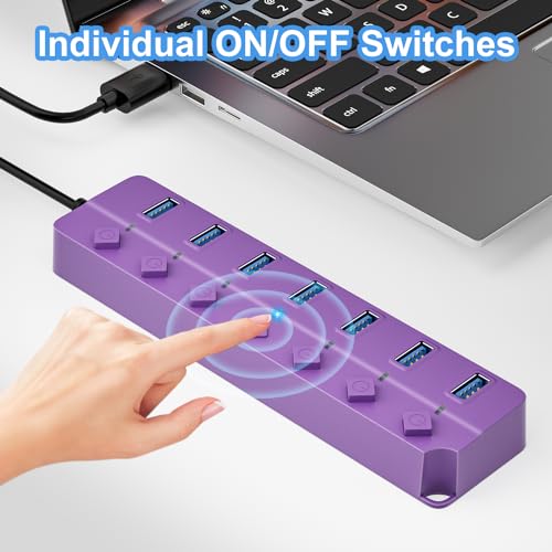 USB Hub 7 Port, USB Splitter with Individual On/Off Switches and Lights - color: Purple