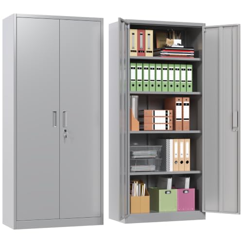 71" H Metal Garage Storage Cabinet,Lockable Steel File Cabinet with 4 Adjustable Shelves,Assembly Required, Warehouse,Office,Home, Gray - color: Grey, size: 15.75" × 31.50" W × 70.87" H.