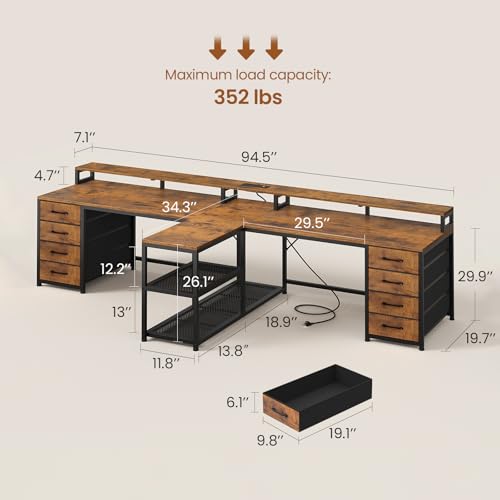 SEDETA 95" 2 Person Gaming Desk with 8 Drawers Storage Shelves,Rustic Brown | Double T Shaped Office Desk with LED Lights, Power Strip with USB & Monitor Stand for Home Office, Bedroom - color: Rustic Brown