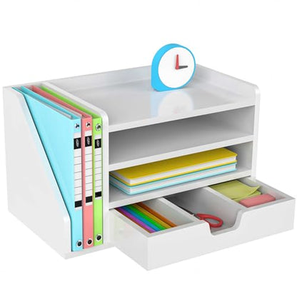 Multi-Tier Wood Desk File Organizer with Side File Rack, 3 Tray Shelves & Adjustable Drawer - Space-Efficient Design Easy to Assemble for Efficient Office Setup, Reduces Desk Clutter (White) - color: White