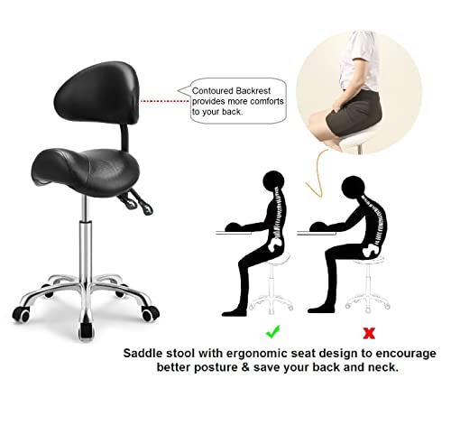 Kaleurrier Saddle Stool with Back Support,Rolling Saddle Chair for Salon - color: Black, style: With Back