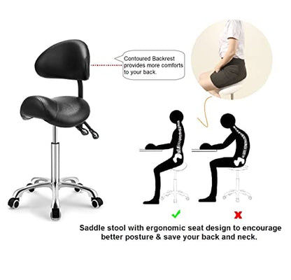 Kaleurrier Saddle Stool with Back Support,Rolling Saddle Chair for Salon - color: Black, style: With Back