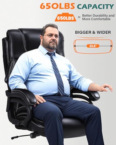 650lbs Large Big and Tall Office Chair for Heavy People with Adjustment Lumbar Support, Comfy Padded Heavy Duty Leather Executive Office Chair with Quiet Rubber for Adults 8 Hours Daliy Work