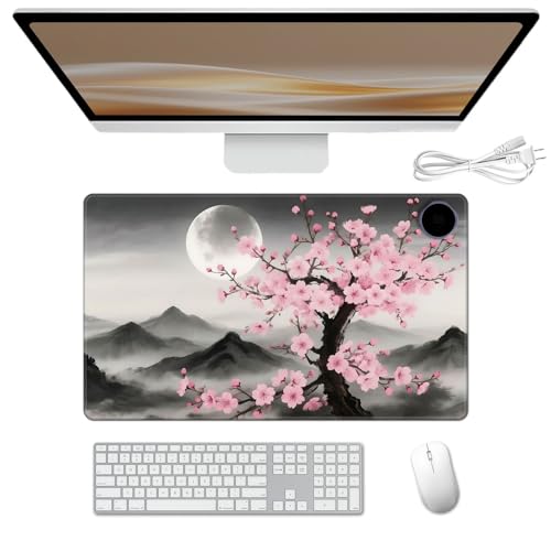 Heated Desk Pad 23.6" x 14.2" 3 Large Heated Mouse Pad with Heat Levels (40°C/45°C/50°C) & 3H Auto Shut-Off Desk Mat Fast Heating PU Leather Warmer Mousepad for Home Office - Cherry Blossom and Moon - color: Cherry Blossom and Moon, size: 23.6 x 14.2 inch