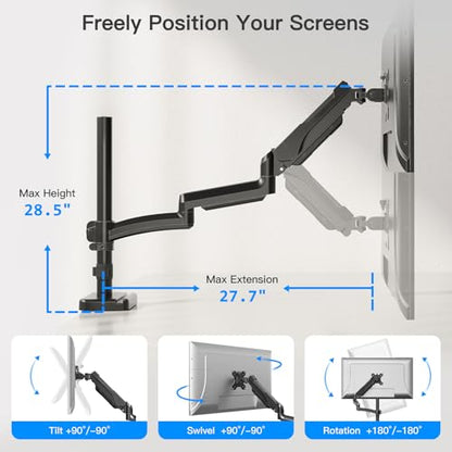 Extra Long Arm Monitor Mount, Fits Max 32" Hold up to 19.8lbs | Single Long Arm Computer Desk Mount, Extra Long Adjustable Stand, Tall Arm with Tilt, Swivel, Rotation, VESA 75/100mm - size: Long Desk Arm