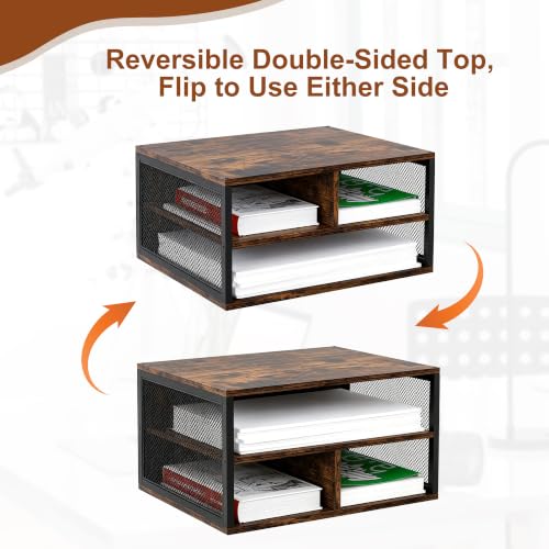 2 Tier Printer Stand with Storage, Wooden Printer Shelf with Metal Frame, Desktop Paper Organizer for Home Office, Multi-Functional Desk Rack for Fax Scanner, Brown