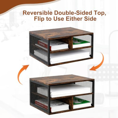 2 Tier Printer Stand with Storage, Wooden Printer Shelf with Metal Frame, Desktop Paper Organizer for Home Office, Multi-Functional Desk Rack for Fax Scanner, Brown
