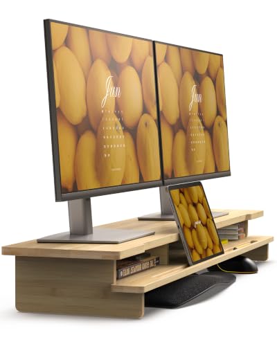 42.5” Dual Monitor Stand with Phone & Tablet Holder Desk Shelf - color: Bamboo, size: 42.5 inch