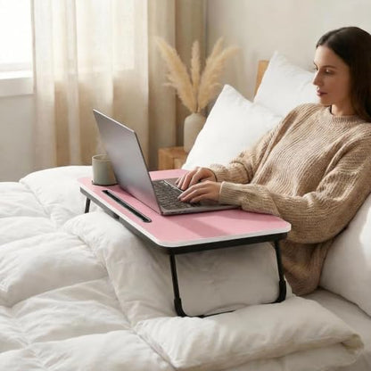 BUYIFY 23.4" Foldable Lap Desk Bed Table with Cup Holder Portable Tray - color: Pink