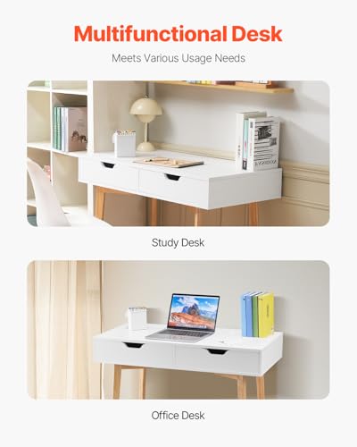 VEVOR Small Desk with Drawers, Kids Desk for Bedroom, Wooden Simple Study Table for Drawing, Reading, Writing, Rectangle MDF Furniture Study Storage Table for Home, Office, White + Wood - size: 38.98"D x 20.08"W x 30.12"H