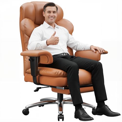 DurayLoly Big and Tall Office Chair with Footrest, 400 lbs Weight Capacity | 135° Rocking Motion, Ergonomic Lumbar Support, PU Leather for All-Day Home Office Comfort, Brown - color: Brown