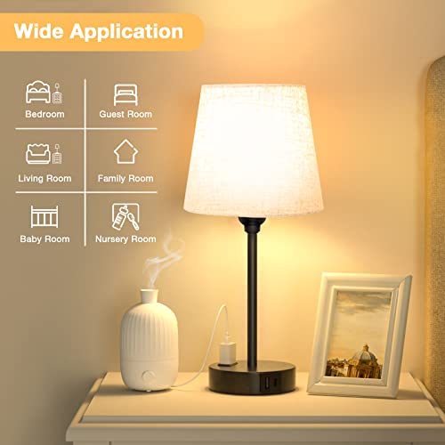 Bedside Table Lamps Set 2 for Bedroom - Dimmable Touch, USB C+A, AC Outlet | 14.5" Mini Lamp, 3-Way Dimmable, LED Bulbs Included, Trapezoid Barrel Fabric Lampshade, Nightstand Light for Guest Room, Kids - color: Beige