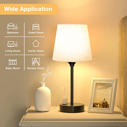 Bedside Table Lamps Set 2 for Bedroom - Dimmable Touch, USB C+A, AC Outlet | 14.5" Mini Lamp, 3-Way Dimmable, LED Bulbs Included, Trapezoid Barrel Fabric Lampshade, Nightstand Light for Guest Room, Kids - color: Beige
