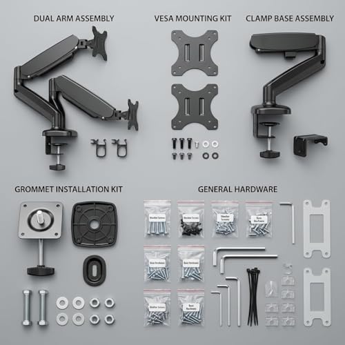 Dual Monitor Mount, Gas Spring Monitor Arm for 2 Monitors up to 32 Inches, Fully Adjustable VESA Desk Mount with C-Clamp and Grommet Base, Black