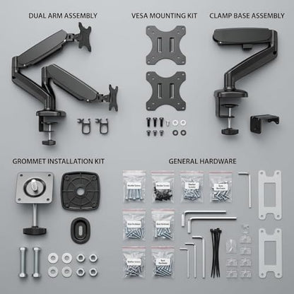 Dual Monitor Mount, Gas Spring Monitor Arm for 2 Monitors up to 32 Inches, Fully Adjustable VESA Desk Mount with C-Clamp and Grommet Base, Black