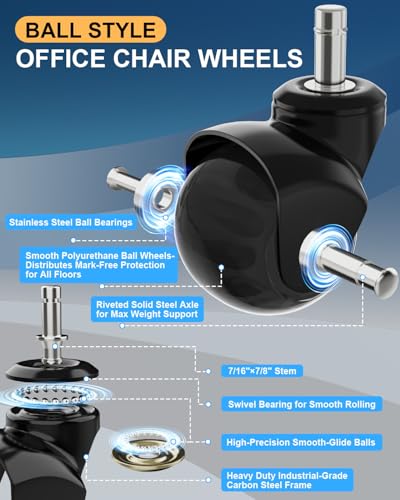 RidRed Office Chair Wheels Replacement Heavy Duty 2 Inch Roller Blade Wheels for Carpet Hardwood Floors,Support 2000 LB, Rubber Rollerblade Desk Chair Casters, Standard Stem Universal Fit, Set of 5 - color: Transparent Black